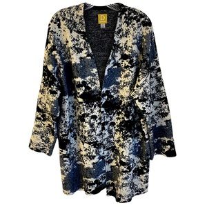 Damask Cotton Wool Blend Beige Black Open Front Cardigan Sweater Size Large